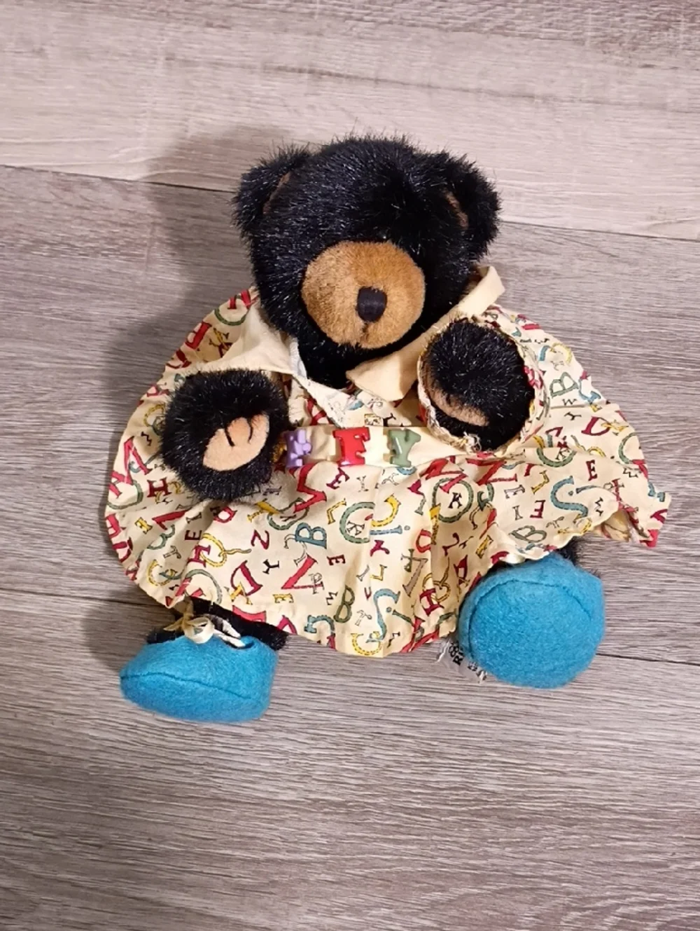 Russ Black Plush Bear in Alphabet‎ Dress with Blue Shoes